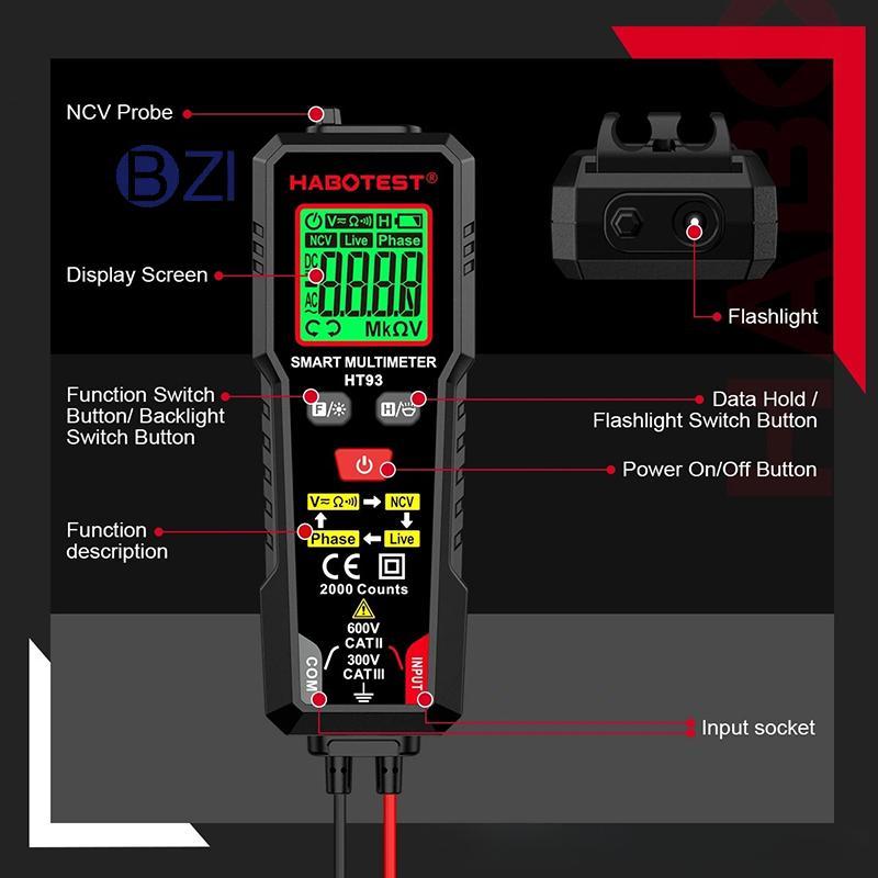 Bluestyle 1 Cái Điện Áp AC / DC Điện Áp Đo Liên Tục HT93 Đồng Hồ Vạn Năng Kỹ Thuật Số Thông Minh NCV