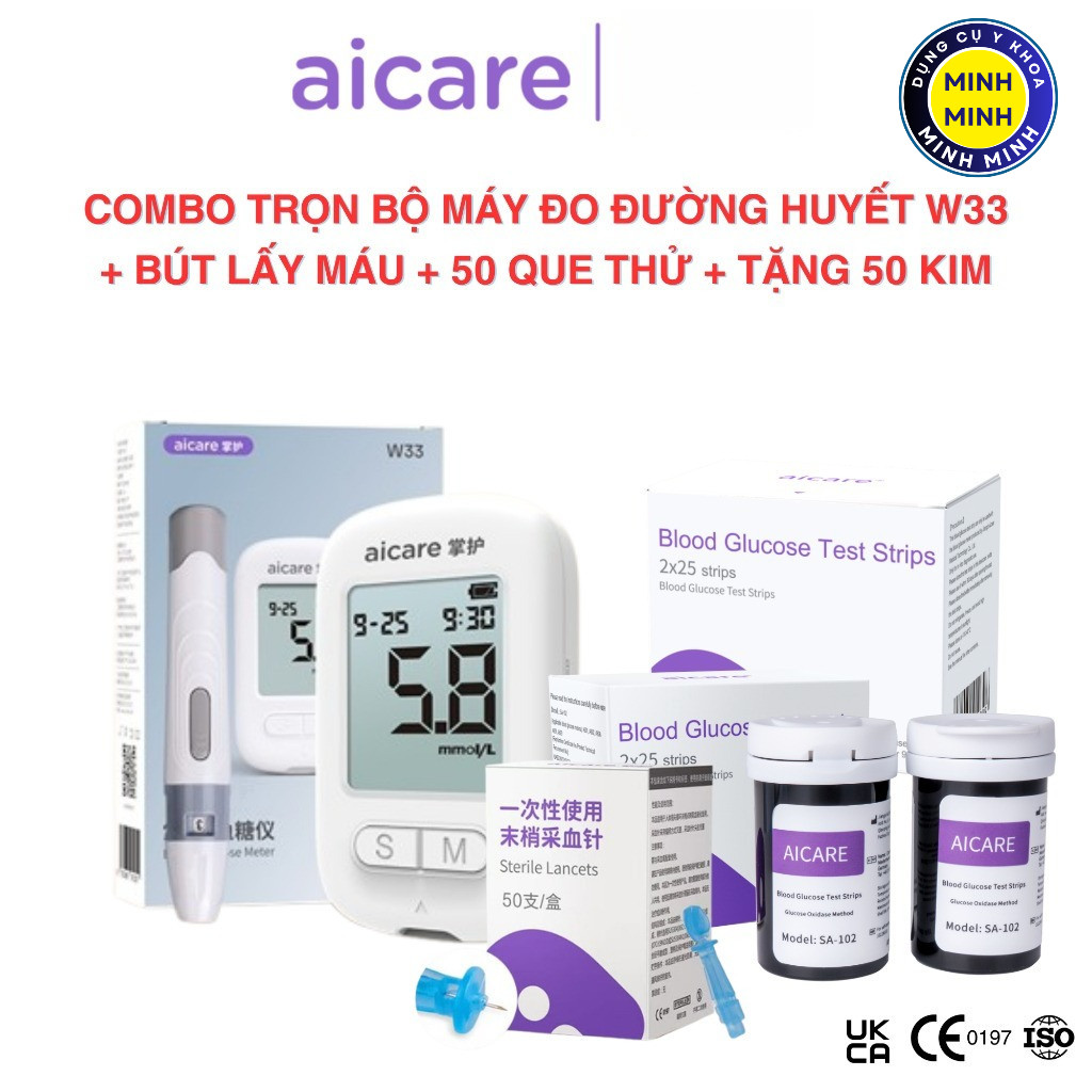 Máy Đo Đường Huyết ACCU Chính Hãng AICARE W33 | Que Thử, Tặng Kim