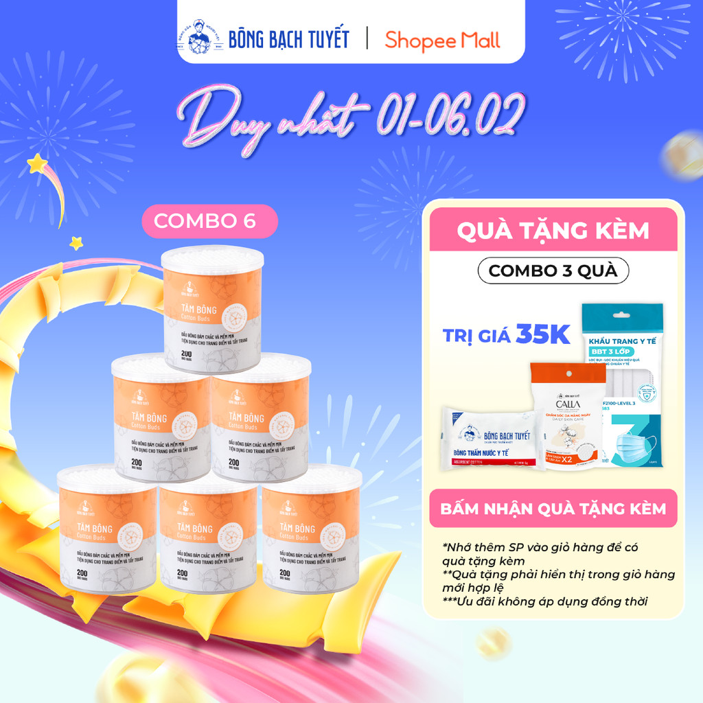 Combo 6 Hộp tăm bông Bông Bạch Tuyết người lớn (200 que/hộp tròn)