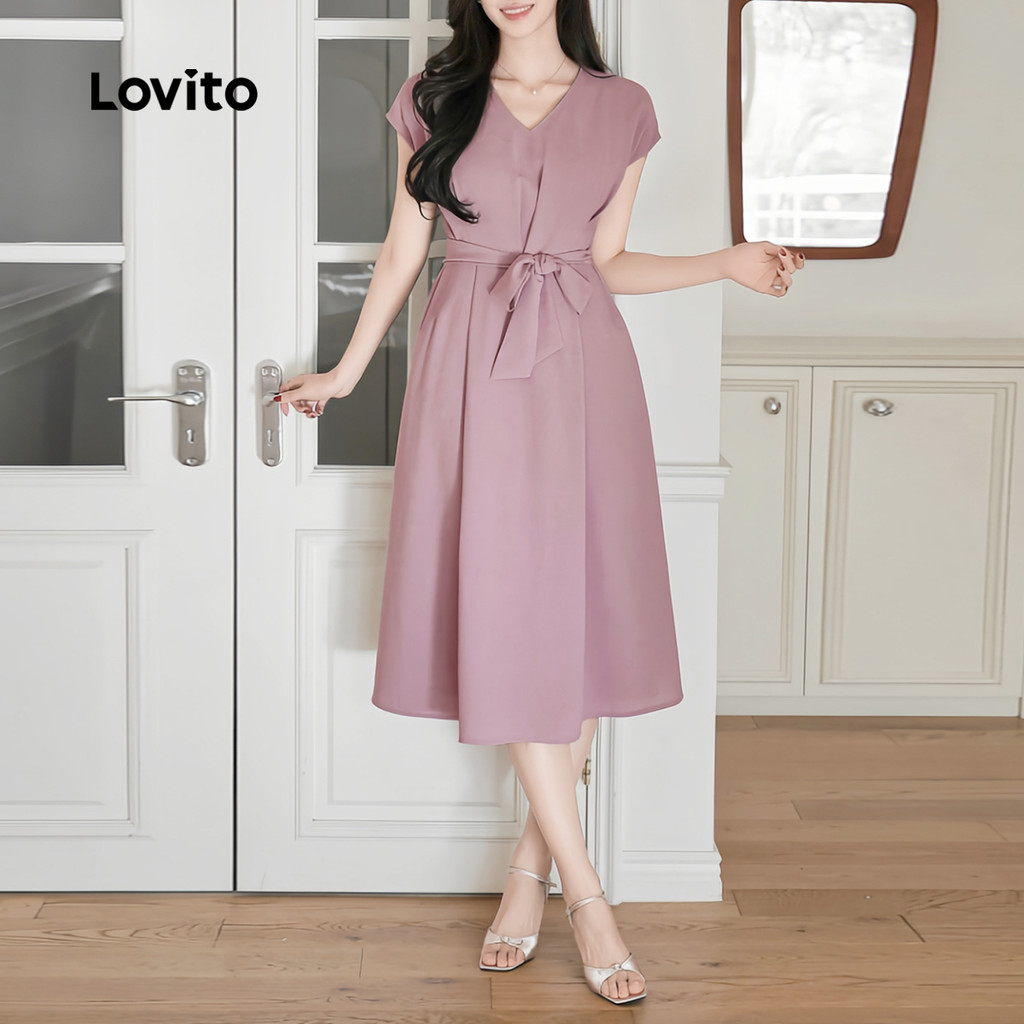 Đầm Lovito màu trơn thanh lịch có thắt lưng Lovito cho nữ L128ED684
