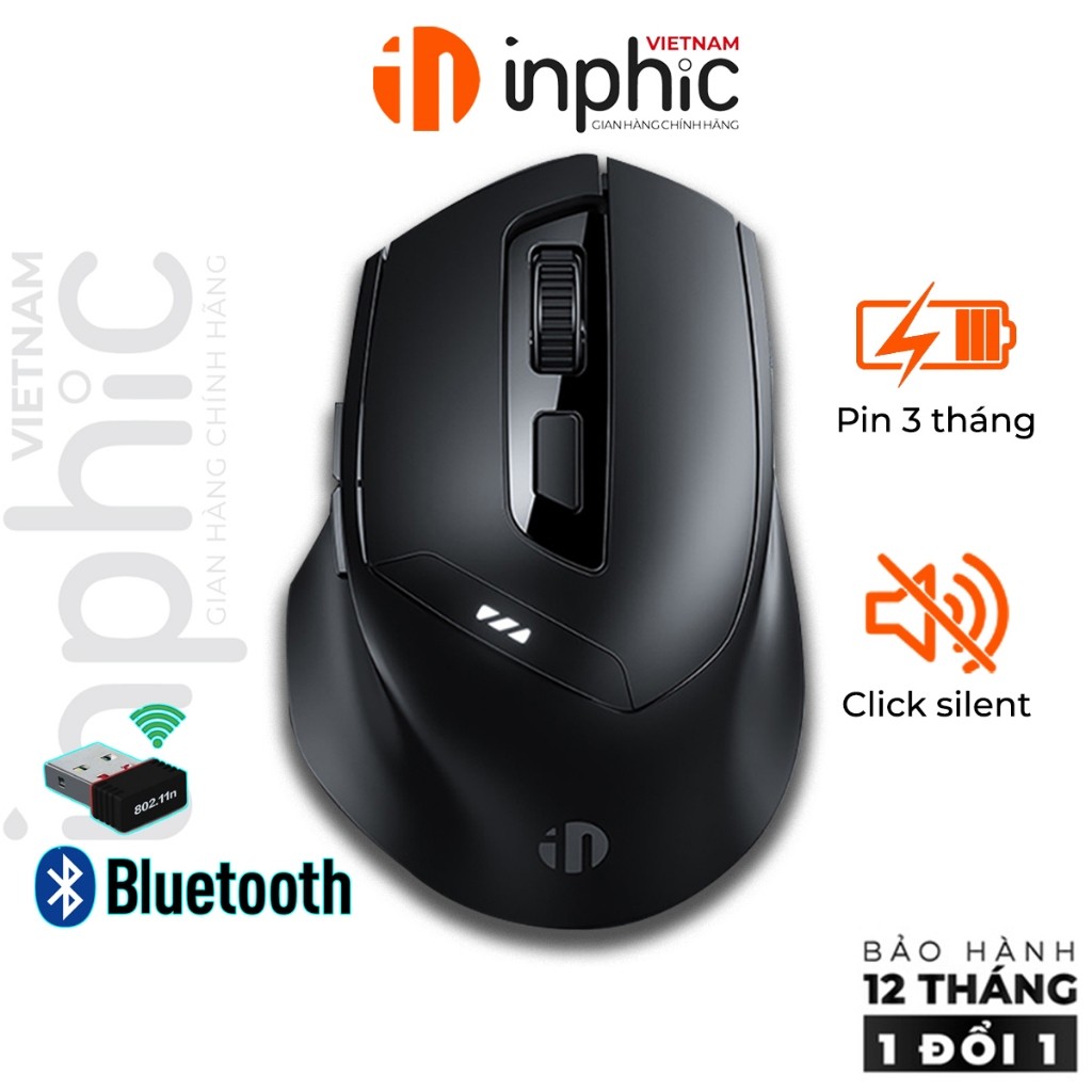 Chuột không dây bluetooth INPHIC DR01 wireless pin sạc silent chống ồn 6 nút bấm gaming văn phòng
