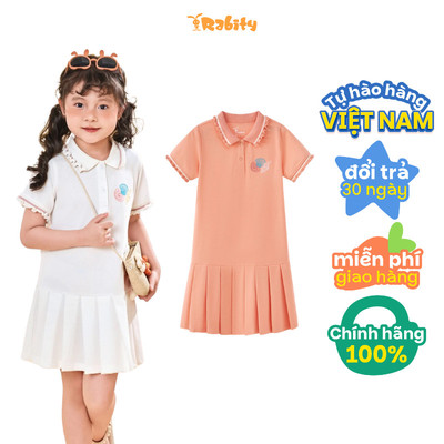   Đầm thun polo tay ngắn xếp ly thêu vỏ sò bé gái Rabity 93516