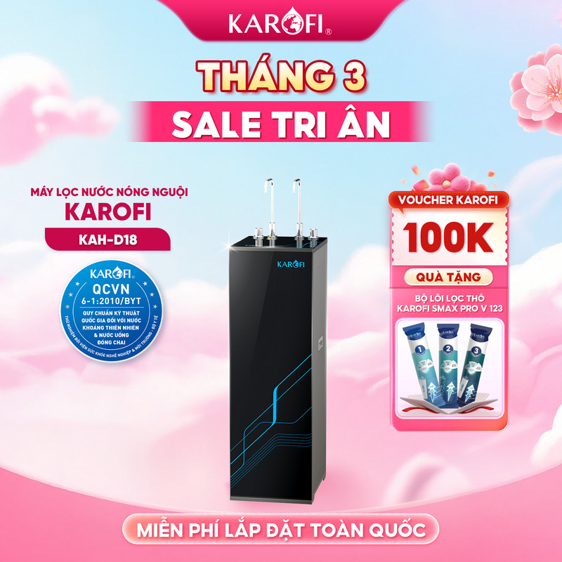 [TẶNG BỘ LÕI] Máy lọc nước NÓNG NGUỘI 11 lõi Karofi KAH-D18 - Gấp 3 Hydro-Ion-Kiềm Lắp đặt toàn quốc