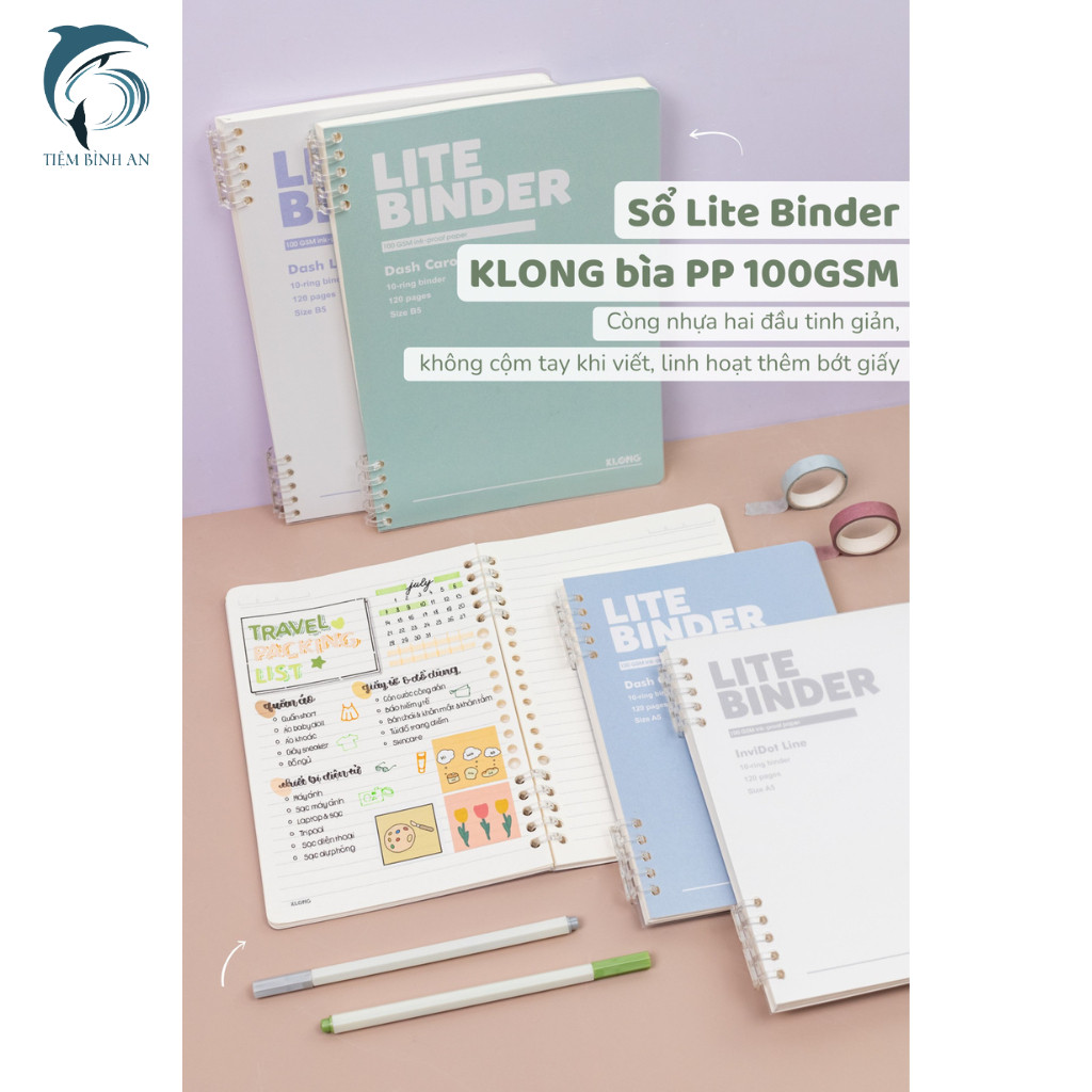 Sổ còng nhựa 2 đầu Lite Binder KLONG, Dash Caro, InviDot Line, bìa PP, A5 120 trang; MS: 804, 805