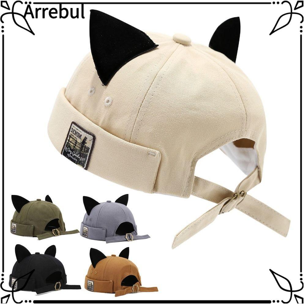 ARREBUL Melon Docker Cap, Tai Mèo Dễ Thương Hip Hop Mũ Không Vành, Thời Trang Màu Trơn Có Thể Điều C