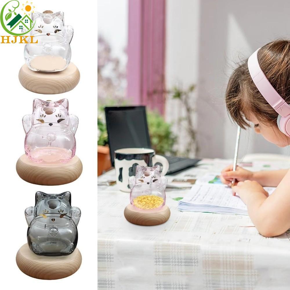 HJKL Glass Coin Bank, Bình tiết kiệm hình mèo may mắn dễ thương, Kính trong suốt di động có đế gỗ Tr