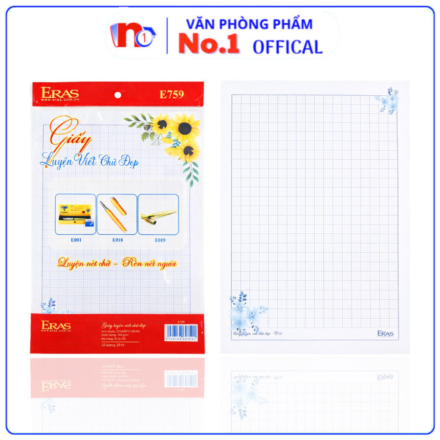 Xấp 20 Tờ Giấy Luyện Viết Chữ Đẹp E7590A Eras (Khổ A4) 4 ô ly Giấy Dày, Không Lem, Dòng Kẻ Rõ - VPP 