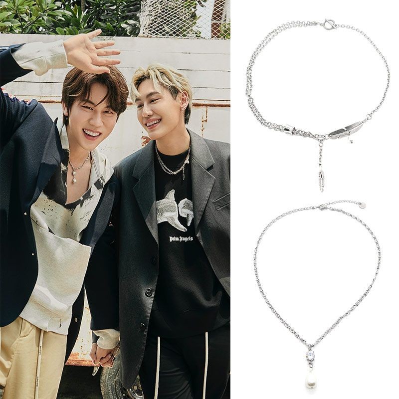 Bounprem Wenzong Túi Lông Zircon Ngọc Trai Thép Titan Khâu Vòng Cổ Bộ Cặp Đôi Ngôi Sao Thái Lan / A3