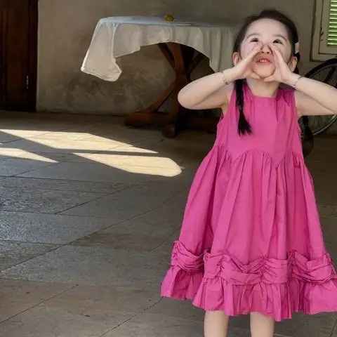 Váy đồng quê Pháp / Váy công chúa cô gái màu đỏ hồng / Váy tank màu trơn / Váy trẻ em Lolita