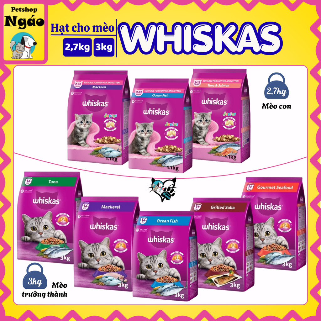 [Vị mới ] WHISKAS® 1.1kg, 1.2kg Thức ăn hạt có nhân cho mèo con và mèo trưởng thành