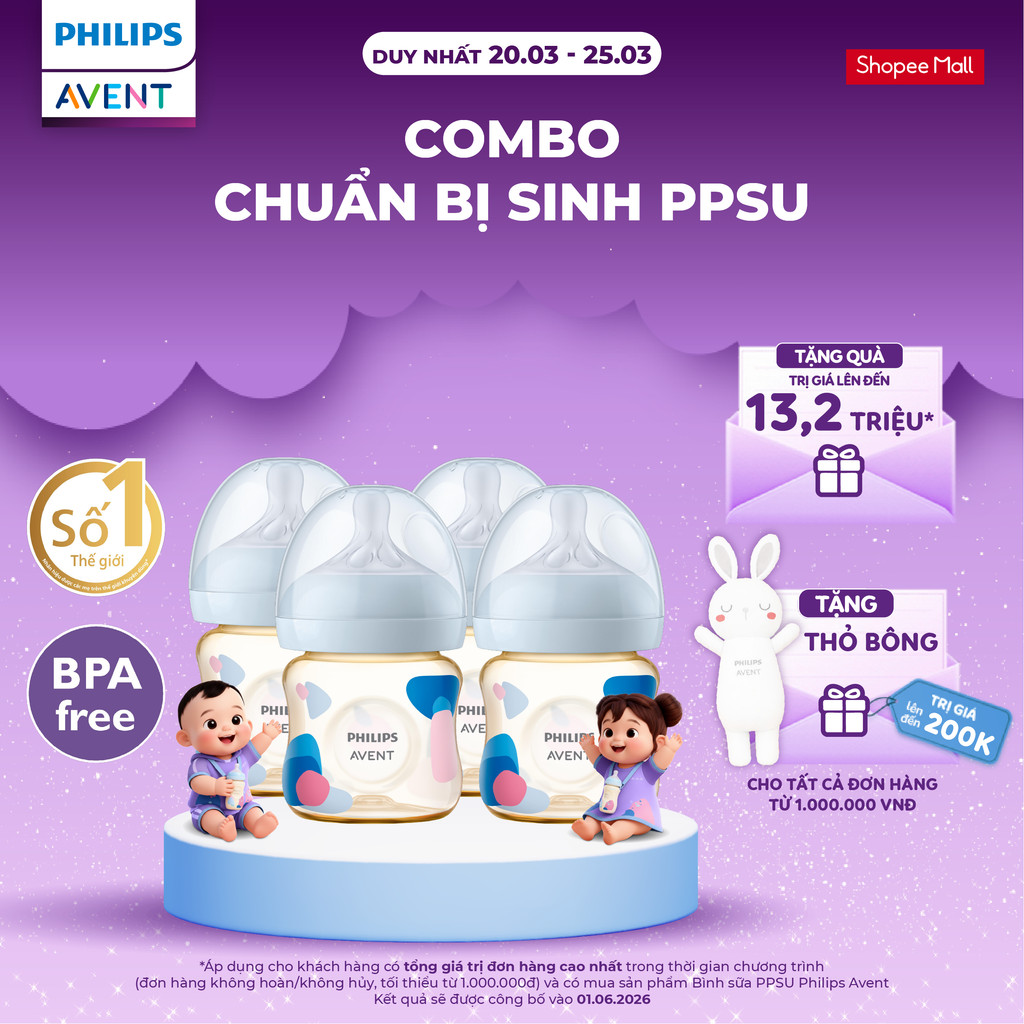 Combo chuẩn bị sinh PPSU - 4 Bình sữa mô phỏng tự nhiên PPSU Philips Avent 125ml