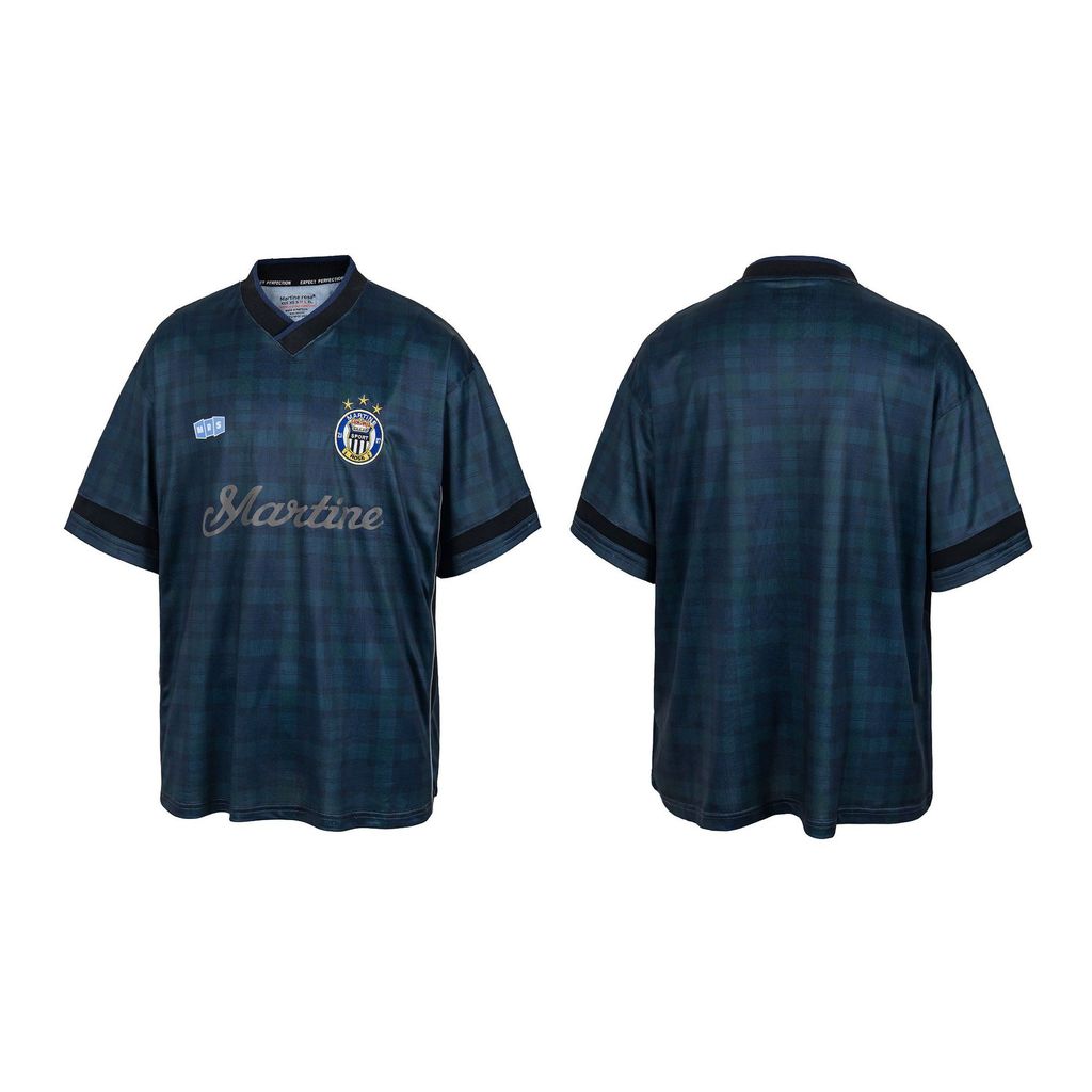 Y0WZ Martine Rose Black and green color-blocked checkered jersey retro football short sleeves T Unis