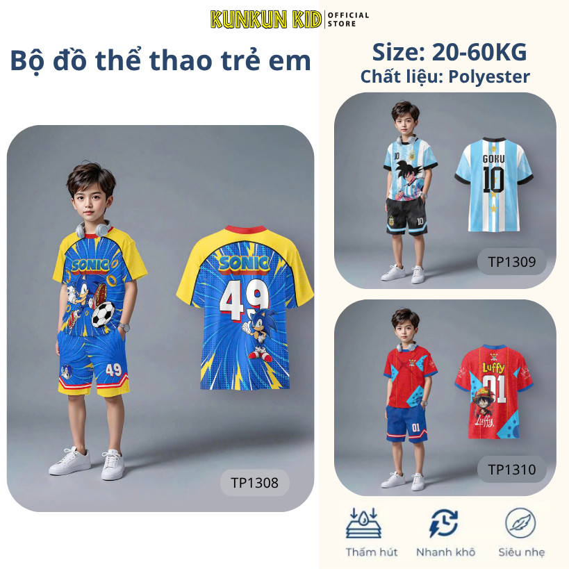 Đồ Bộ Thể Thao Bé Trai In 3D nhân vật hoạt hình siêu cấp,Đá Banh, Bóng Rổ TP1308-1311 | KunKun Kids