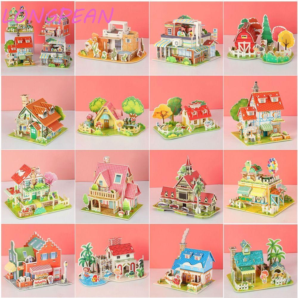 LONGPEAN Building 3D Puzzle, Khối xây dựng lắp ráp DIY House Model Puzzle, Montessori Handmade Paper
