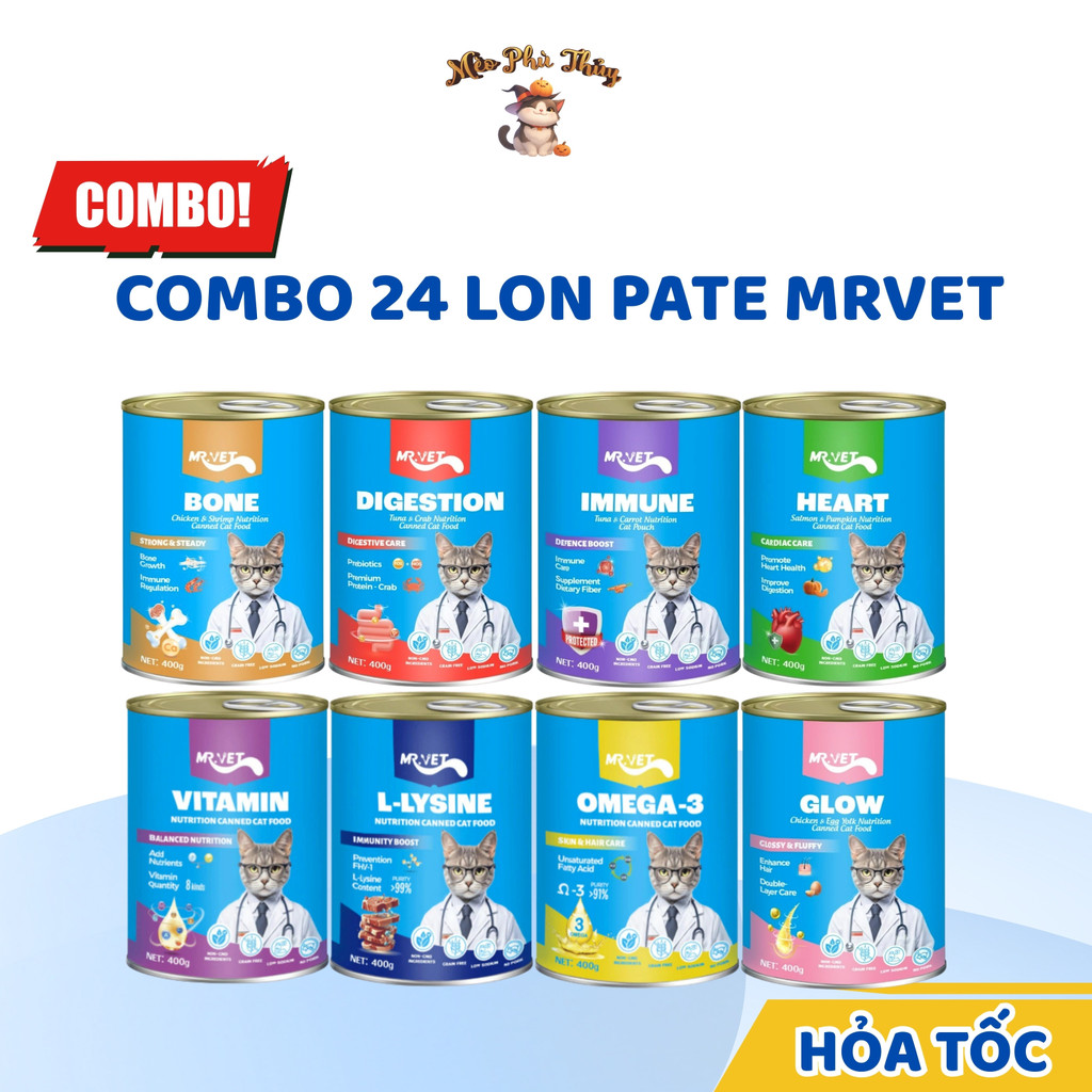 [Hỏa Tốc] COMBO 24 Lon Pate MRVET 400G Mix Vị Tiêu Hóa, Sáng Mắt, Mượt Lông