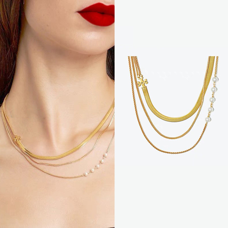 Plating18K Gold Imitation Pearl Multi-layer Snake Bone Chain Double T Imitation Pearl Necklace Jewel