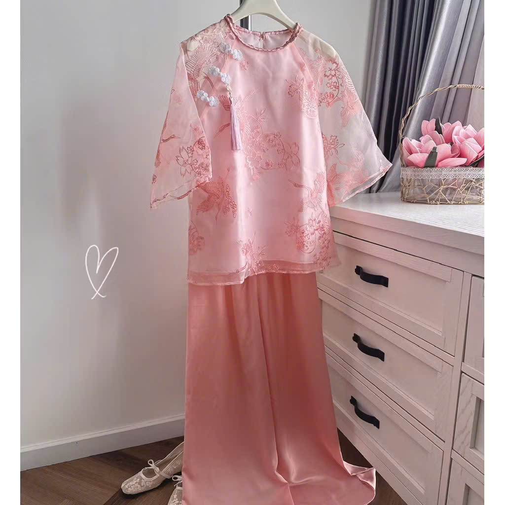 (HÀNG BIGSIZE NỮ 50KG ĐẾN 90KG) NT2232 Set Lam Áo Tơ Thêu Ngọc Diệu – Quần Lụa Satin Cao Cấp NT2232