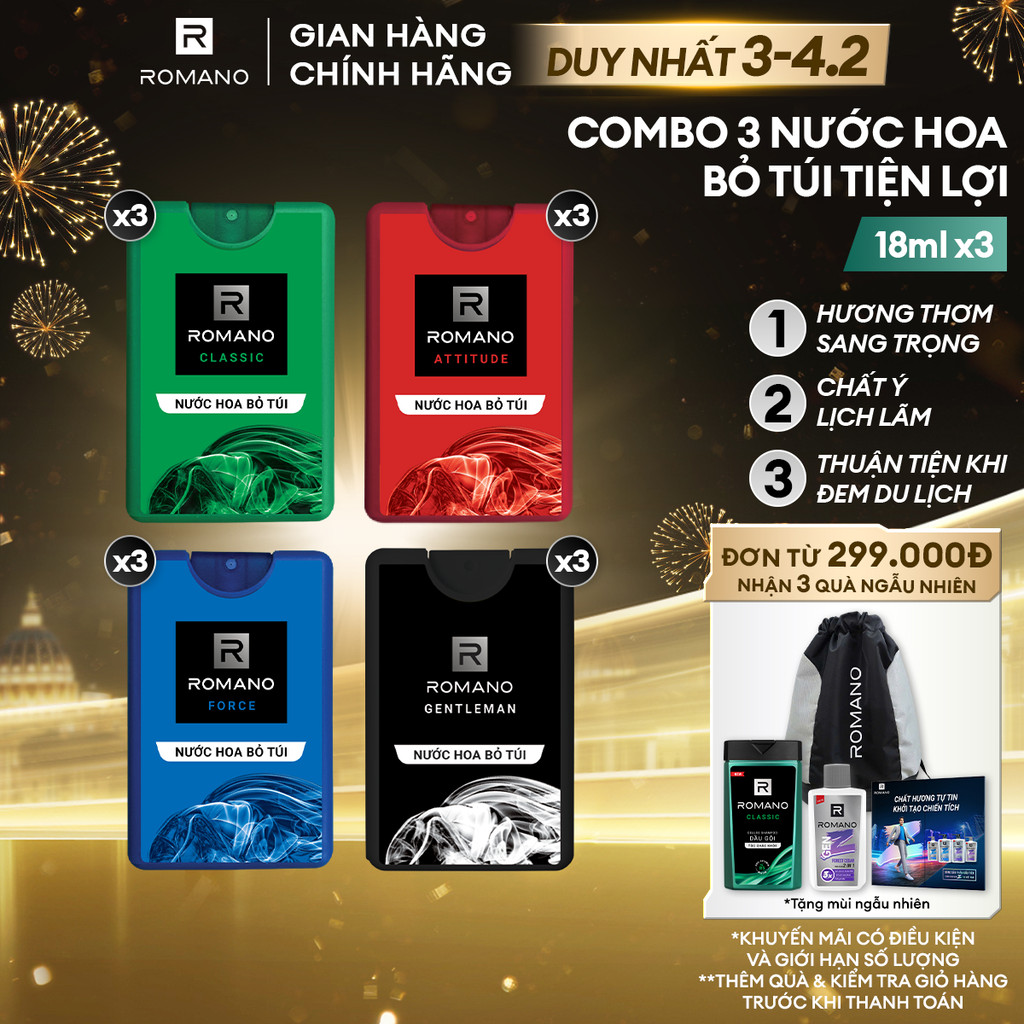 Combo 3 Nước hoa nam bỏ túi Romano 18ml/chai