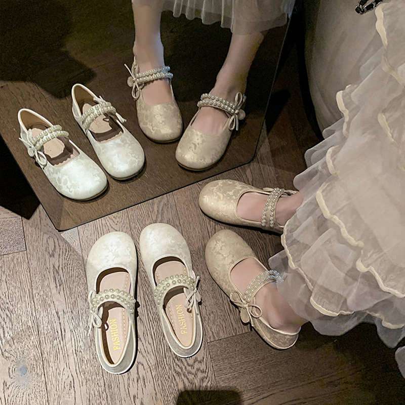 Beautiful French Style Mary Jane Shoes Pearl Bow Ballet Shoes Soft Bottom Low-Cut Shoes 3xlH