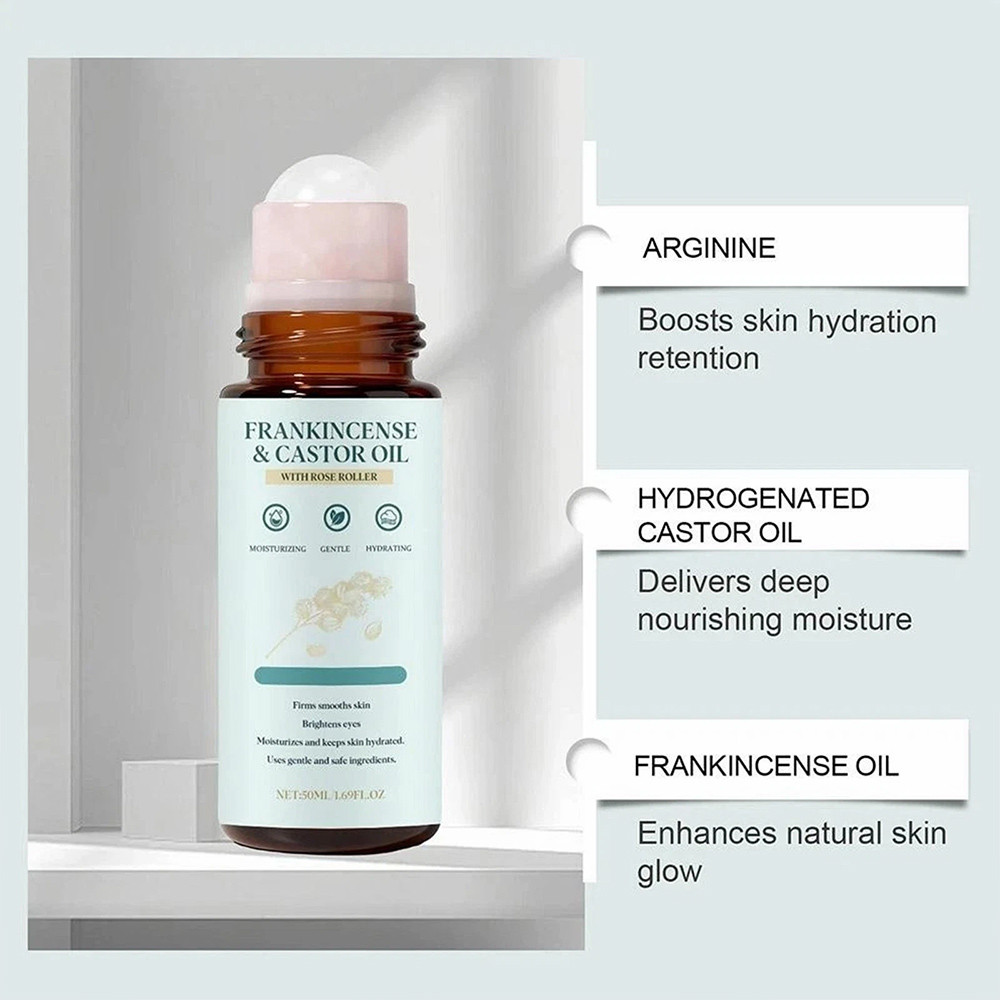 Frankincense & Castor Oil with Rose Quartz Roller - Gentle Hydrating Facial Oil for Daily Skincare