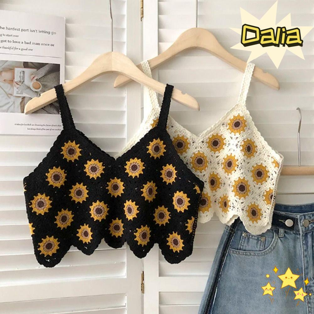 Áo len dệt kim DALIA, Áo Crop Top nữ hoạ tiết hoa cúc dễ thương, thời trang