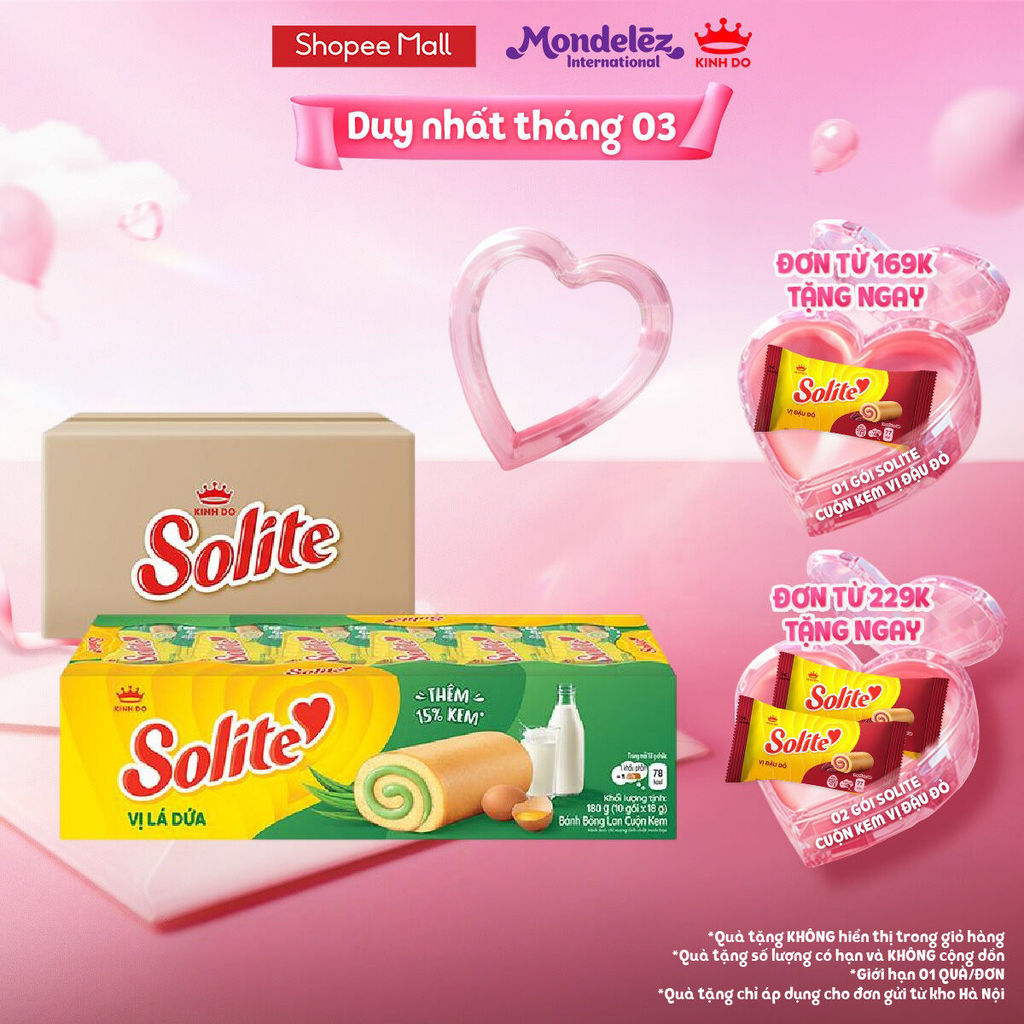Combo 4 Hộp Bánh Bông Lan Solite Cuộn Kem Vị Lá Dứa 180g