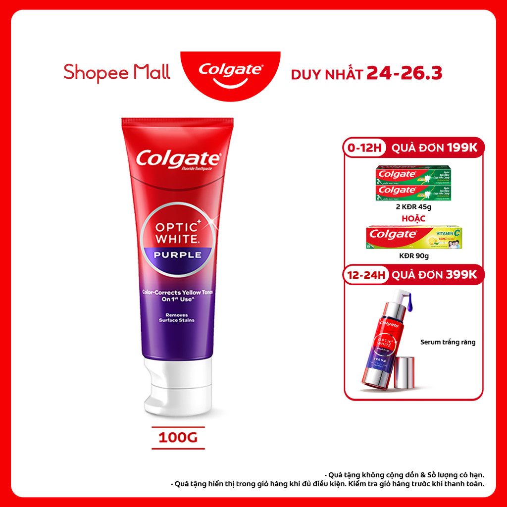 Kem Đánh Răng Colgate trắng răng Optic White Purple 100g công nghệ sắc tím, trung hòa ố vàng tức thì