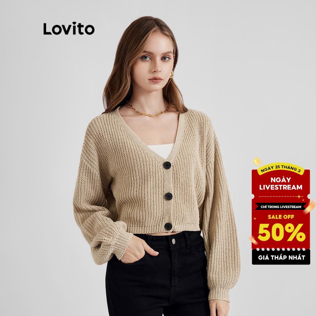 Lovito Áo len Cardigan thông thường Áo len dài tay màu trơn Áo len dệt kim cho nữ L21LT091 (Kaki / Trắng)