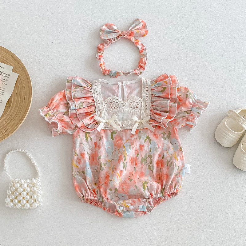 [Hot] Summer Clothes for Babies Girls' Floral Lace Sleeve Onesie Baby Girls' Short Sleeved Kazakhsta