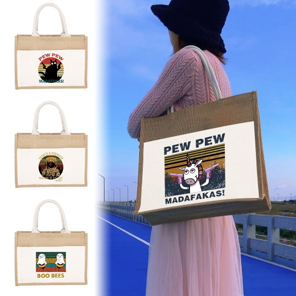 Tote bag Jute Bag Handbag Shopping Laminated Bags Linen Shoulder Bag Sacks Jute Imitation Bags Cute 
