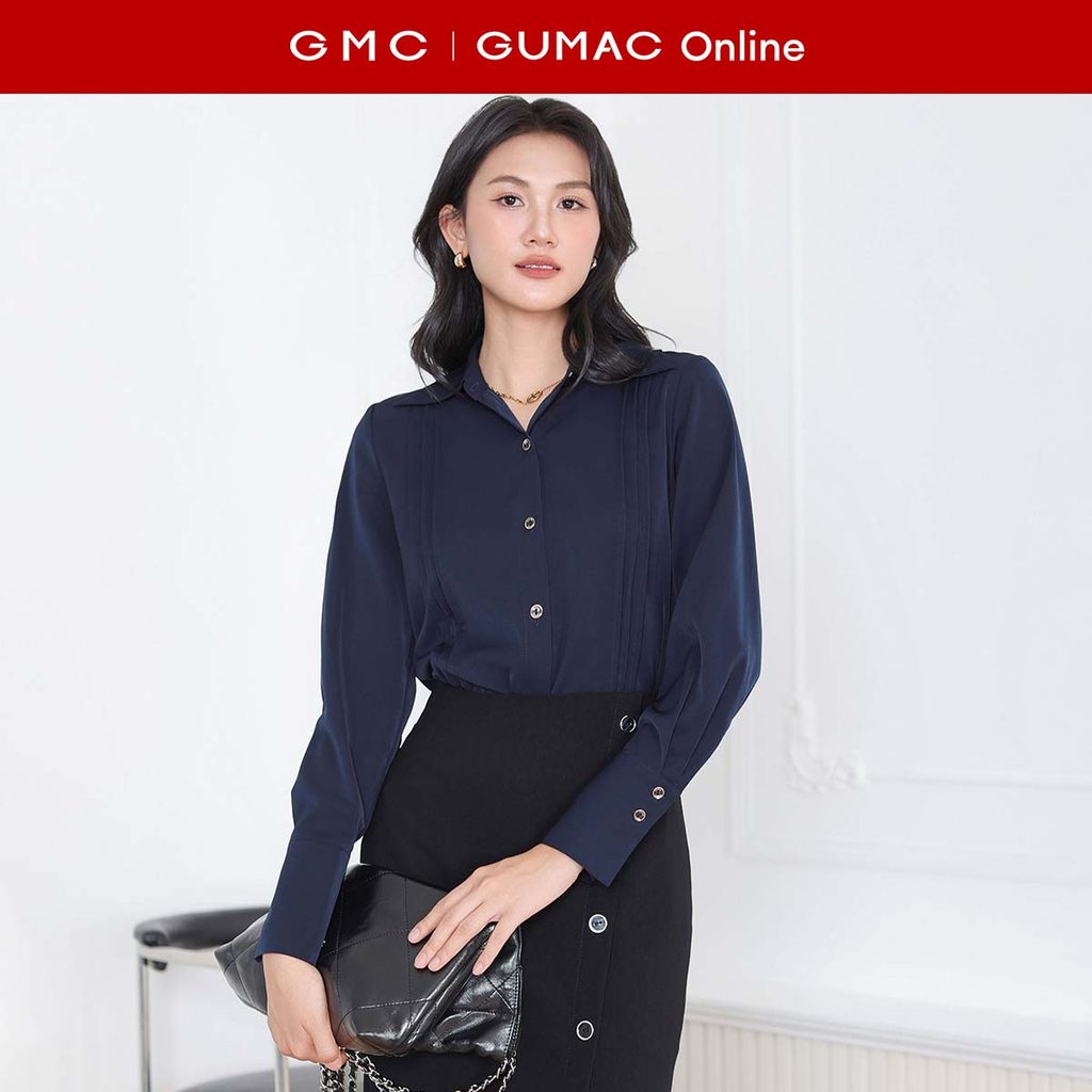 [MUA 2 GIẢM 25K] Áo sơ mi nữ tay dài kiểu chiết ly lá cổ nhọn vải lụa mềm mát công sở thời trang GUM