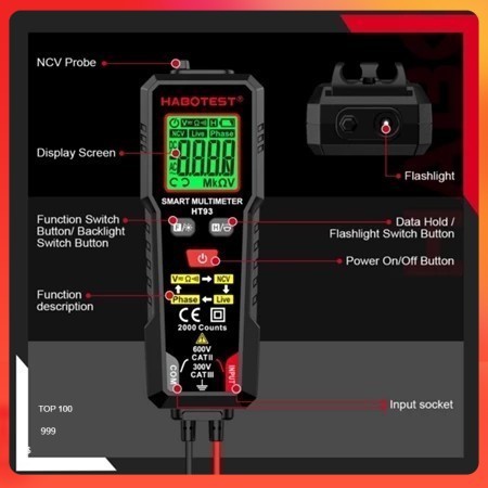 vận chuyển nhanh-Habotest HT93 Máy đo điện áp vạn năng kỹ thuật số thông minh 2000 Máy đo điện áp đế