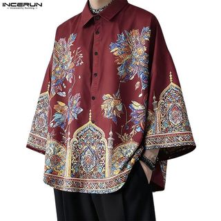 INCERUN Áo sơ mi nam phong cách Hàn Quốc, tay 3/4 in hoa rời