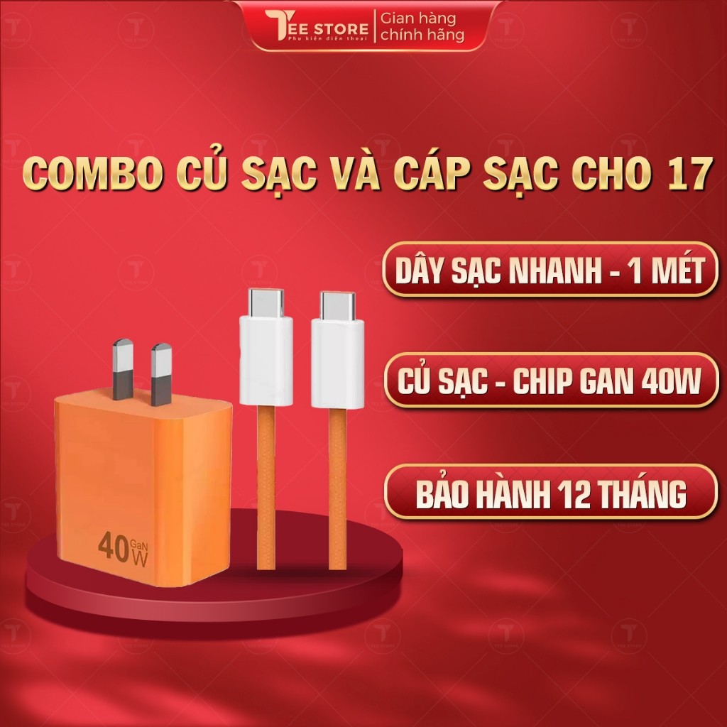Combo sạc GaN 40W màu cam, Dây sạc nhanh bọc dù, Bộ sạc siêu nhanh 40W sạc mát máy - CB-CSIP17
