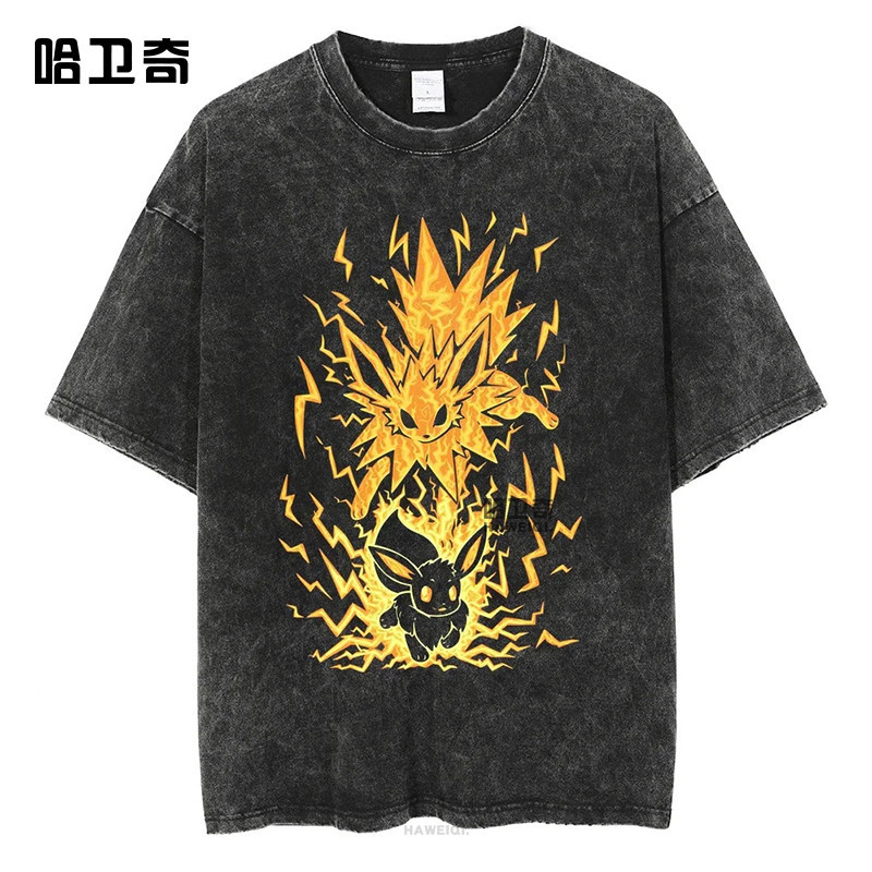 Áo Thun Pokemon Evolution với Đồ Họa Anime Eevee và Gengar, Chất Liệu Cotton Vintage