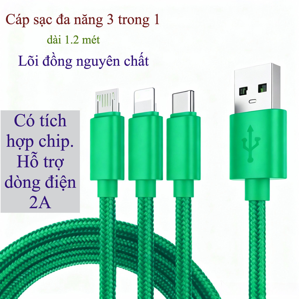 Dây cáp sạc 3 đầu bọc dù 3 trong 1 đa năng nhiều màu sắc dài 1.2 mét. Dùng cho nhiều dòng ios và android  - Hàng sẵn kho