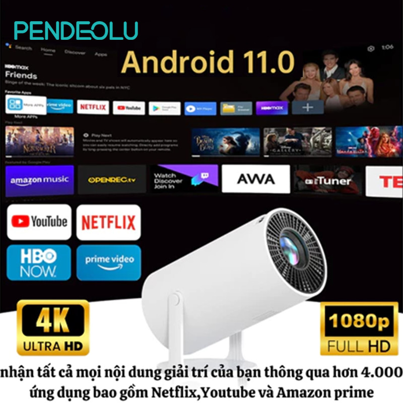 PENDEOLU Máy Chiếu Mini HY300 Full HD 1080P – Hỗ Trợ 4K – Android 11 – Loa 3W – Chiếu 130 Inch – Xem Phim Gia Đình