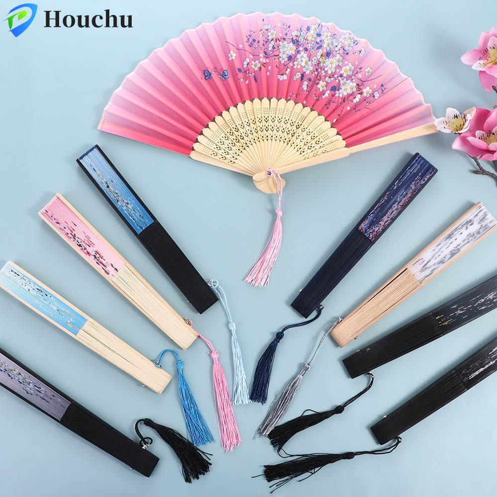 HOUCHU Khiêu Vũ Cầm Tay Lụa Lụa Phong Cách Trung Hoa Gấp Tre Nghệ Thuật Thủ Công Nghệ Thuật Quà Tặng