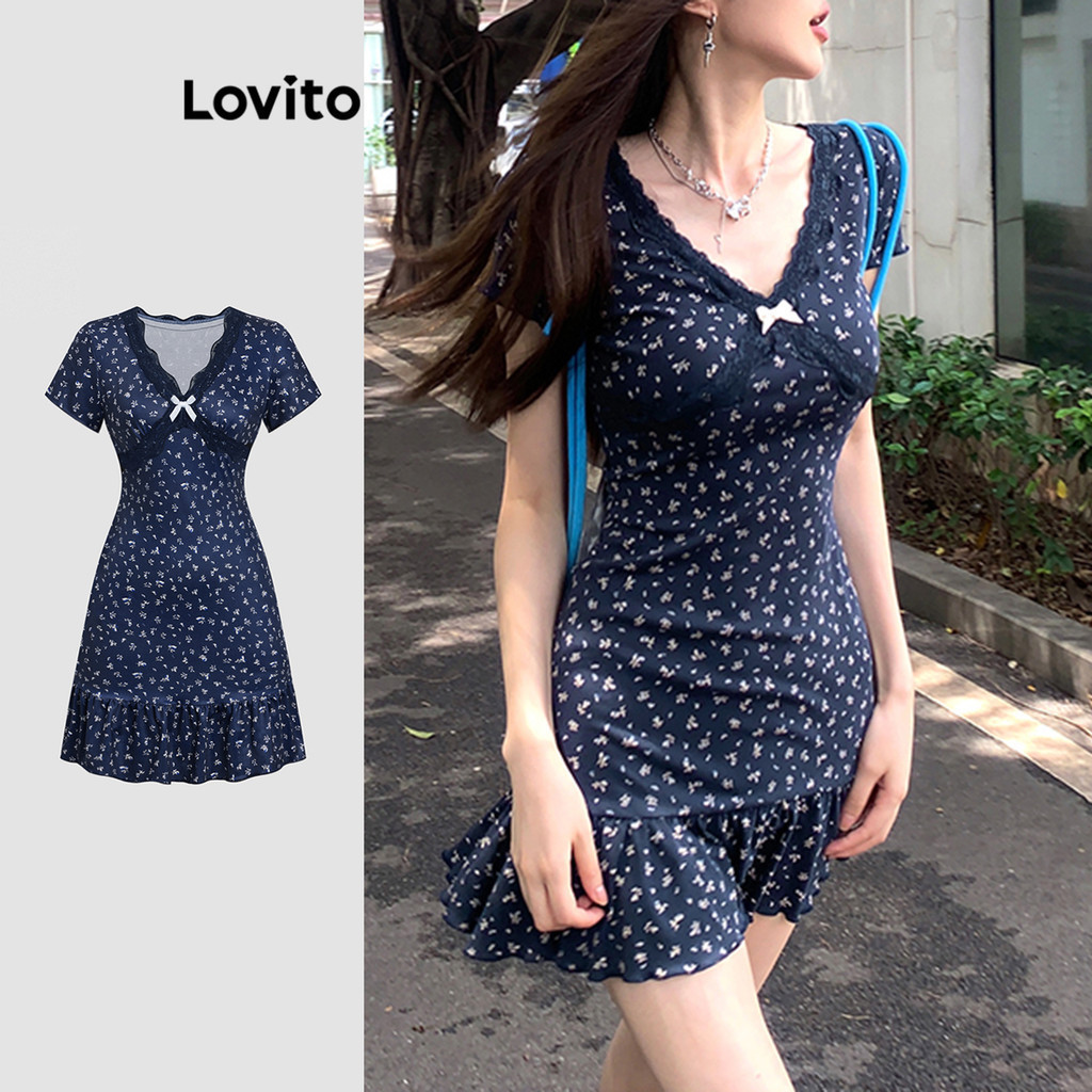 Đầm nữ Lovito rũ nơ cổ xếp nếp hoa nhí phong cách thường ngày L177AD879