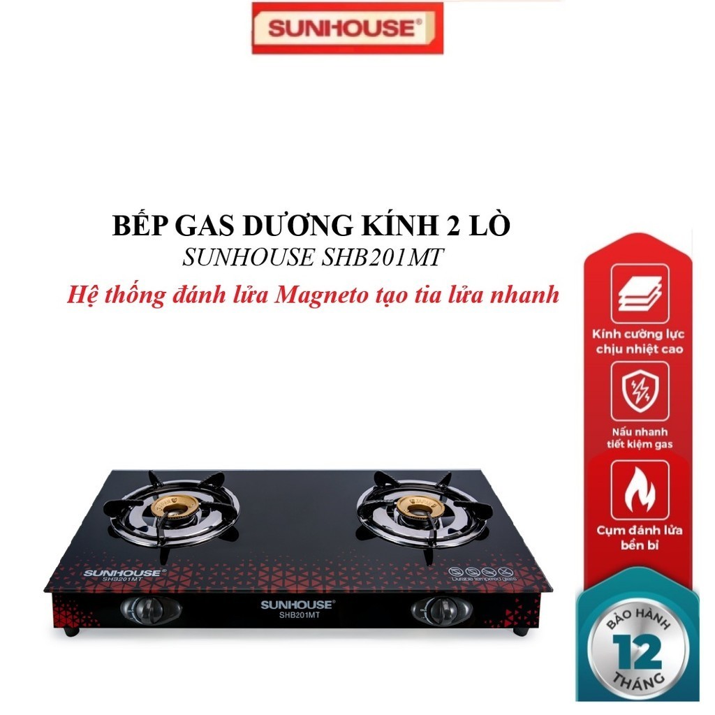 Bếp gas dương kính SUNHOUSE SHB201MT, Hệ thống đánh lửa Magneto tạo tia lửa nhanh, Kiềng bếp độc lập