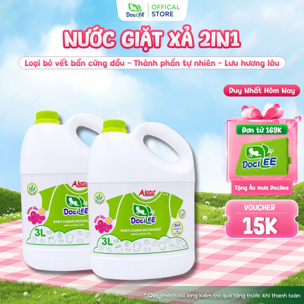 Combo 2 Can 3L Nước Giặt Xả Quần Áo DOCILEE Lưu Hương Lâu, Sạch Thơm Mềm Mại, Dành Cho Da Nhạy Cảm Bé Từ 0M+