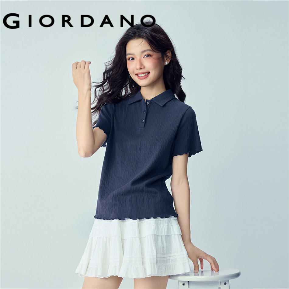 GIORDANO WOMEN Lettuce edge short sleeve slim polo shirt 05316381