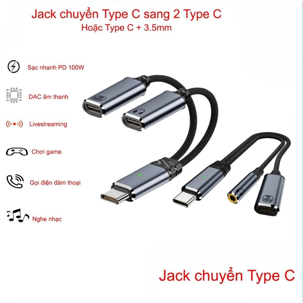 Jack chuyển đổi từ đầu Type C sang Type C + Type C hoặc Type C + 3.5mm - DAC âm thanh - Livestream -