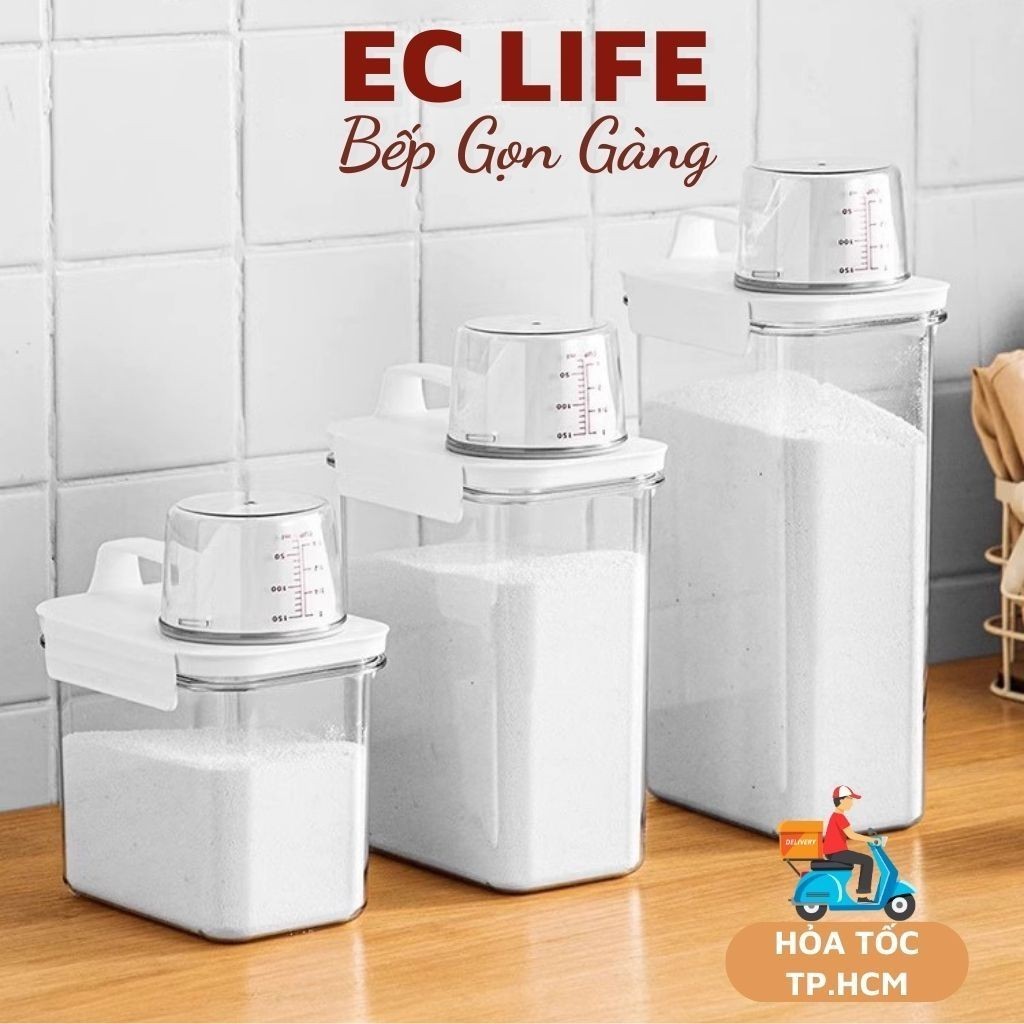  Hộp Đựng Đa Năng EC Life 0409 | Tích Hợp 3 Ngăn: Bột Giặt/Nước Xả/Gạo | Nhựa PP Chống Ẩm + Chống Tràn