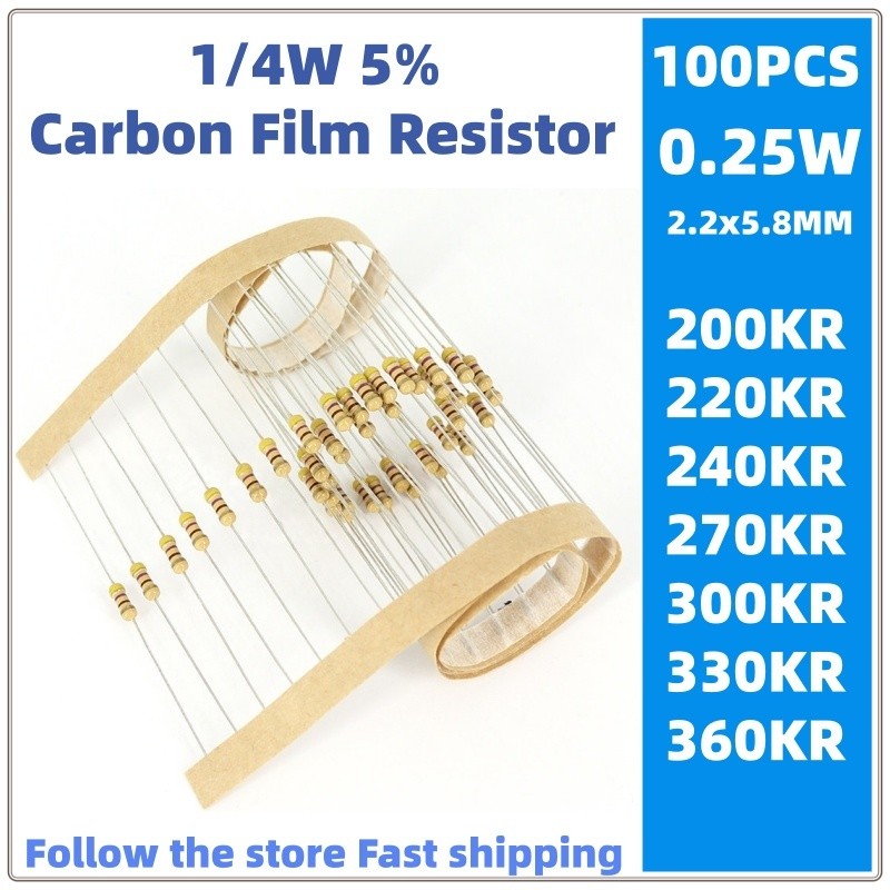 100 Chiếc 1 / 4w Phim carbon Điện Trở 5% 0,25w200KR 220K 240K 270k 300KR 330K 360K kilo-ohm
