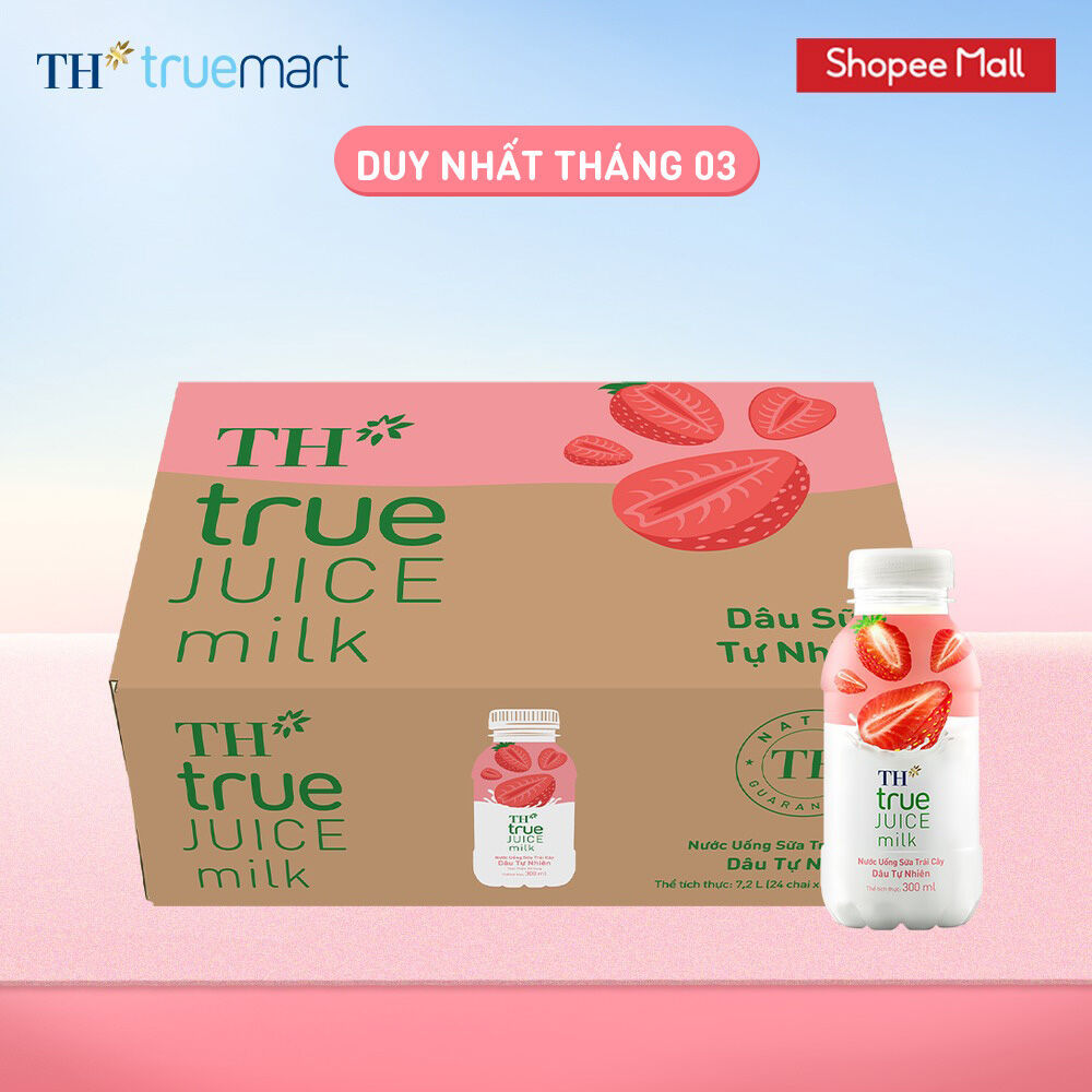 Thùng 24 chai nước uống sữa trái cây TH true JUICE milk dâu tự nhiên 300 ml (300 ml x 24)