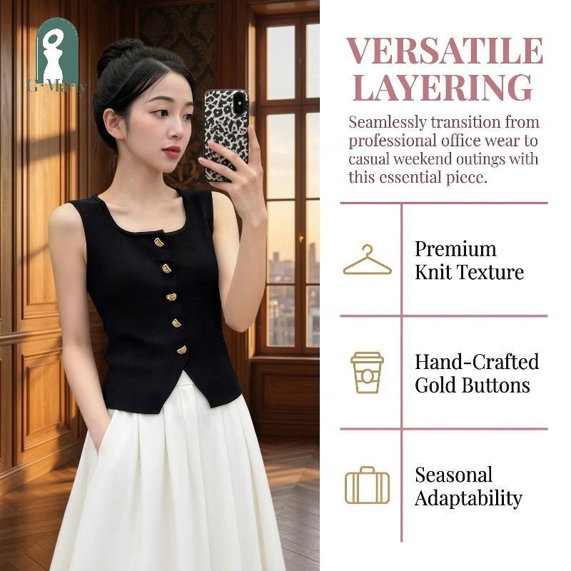 Gmarty Pháp Áo Vest Retro Ôm Màu Trơn Dệt Kim