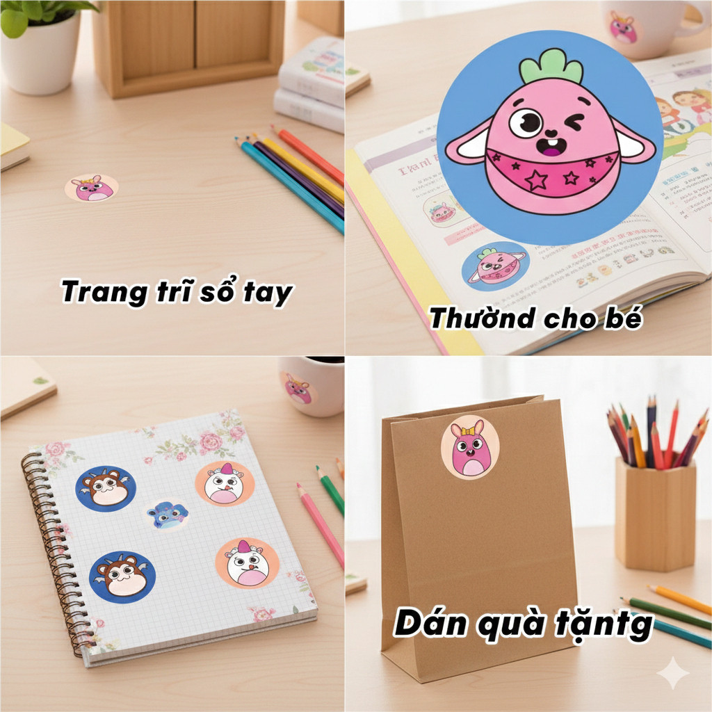 Roll of 200 3.8cm Funny Animal Stickers - Decorative Stickers for Notebooks, DIY, Lovely Gifts for K