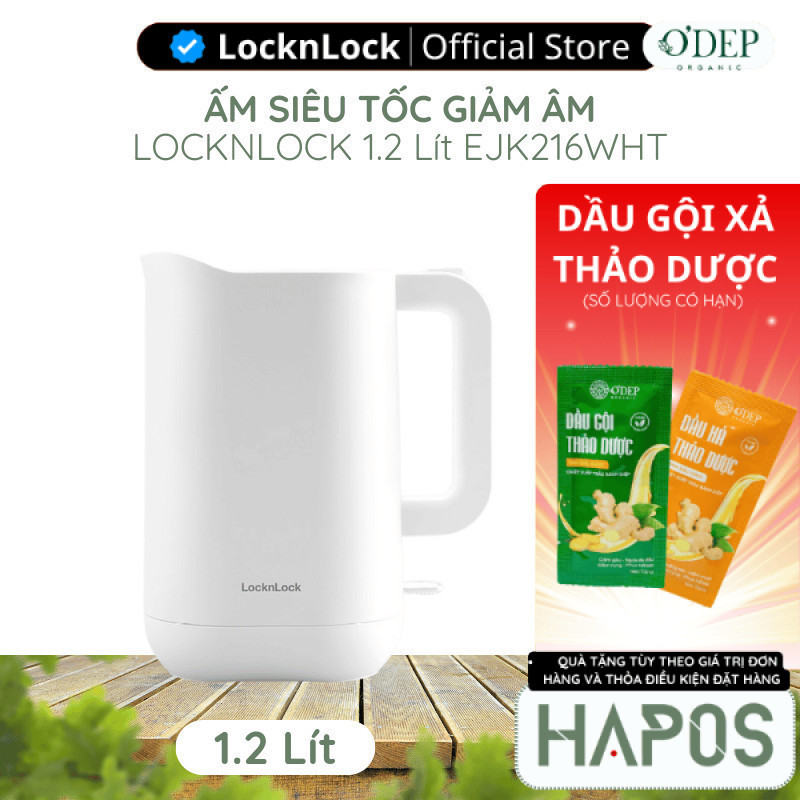 Ấm đun siêu tốc 1.2L giảm âm LocknLock Silent Electric Kettle - Màu trắng EJK216WHT - HAPOS LBE