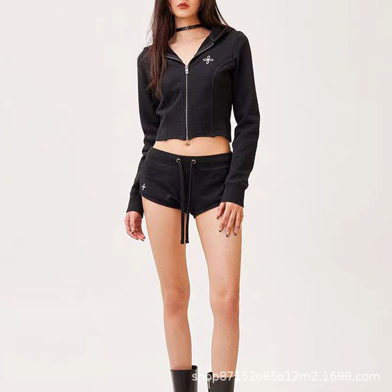 SMFK Street-style slim-fit sports hoodie, street-style low-waist long running shorts, new women's sp